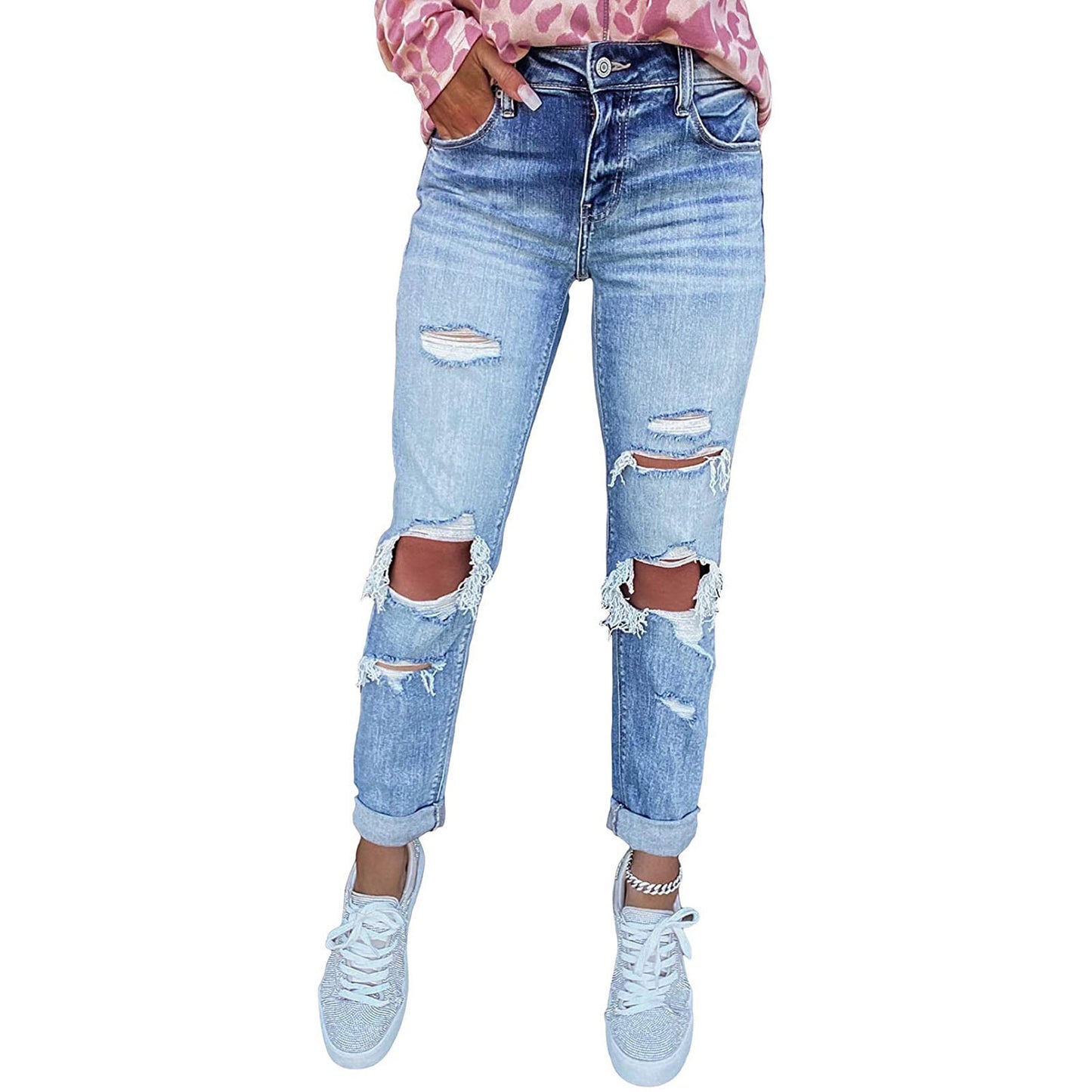 Women’s Skinny Ripped Hand-Worn Jeans – Distressed Denim Pants