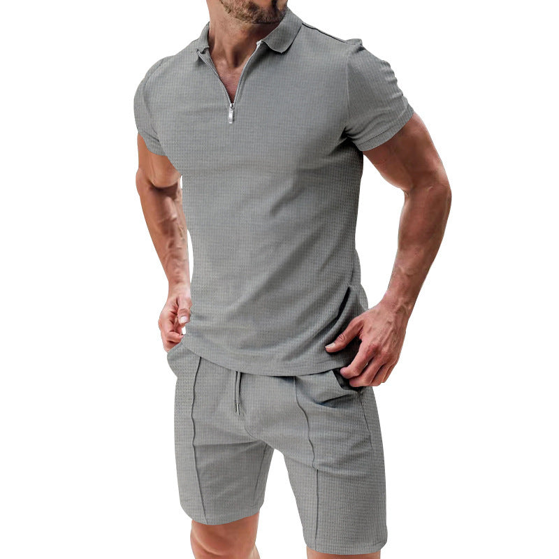 Men’s 2-Piece Casual Waffle Knit Summer Set – Zipper Lapel Short Sleeve Top & Drawstring Shorts