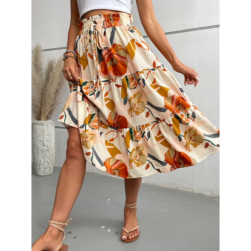 Women’s Floral Tiered Midi Skirt – Elastic Waist A-Line Boho Casual Dressy Skirt
