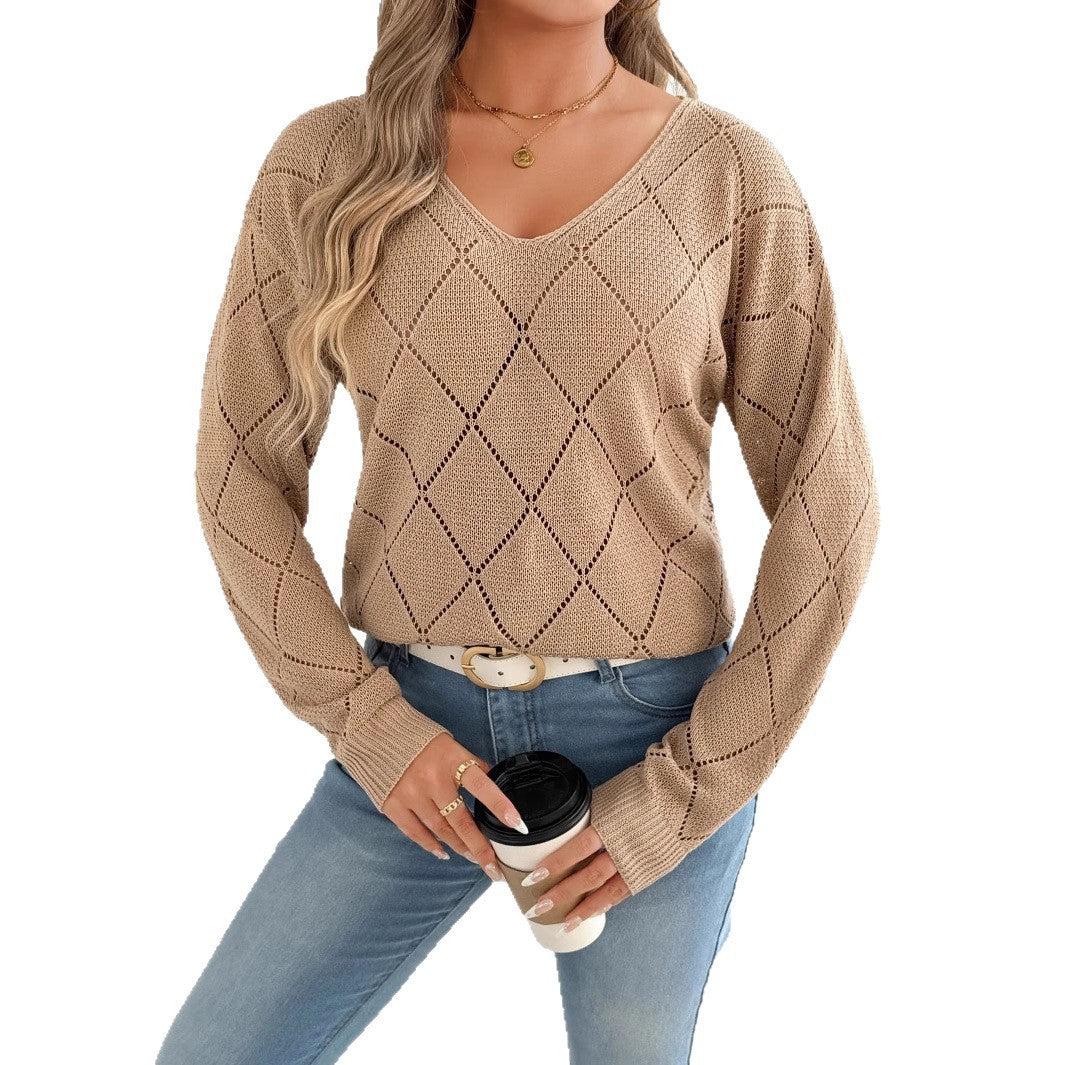Women’s V-Neck Cutout Plaid Sweater – Sexy Long Sleeve Solid Color Knit Top