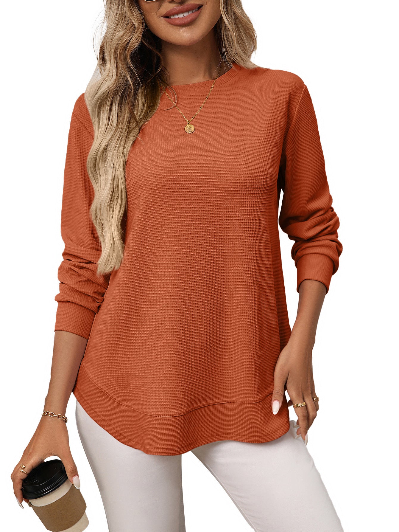 Women’s European & American Loose Waffle Knit Casual All-Match Long Sleeve T-Shirt