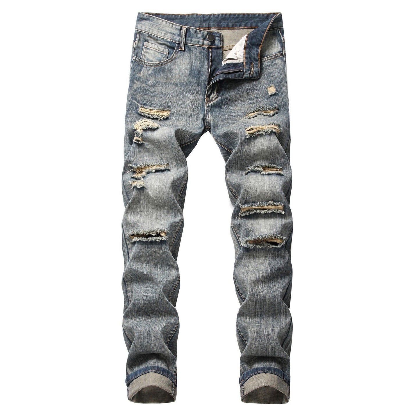 Men’s Ripped Straight-Leg Slim Fit Jeans – Non-Stretch Distressed Denim Pants