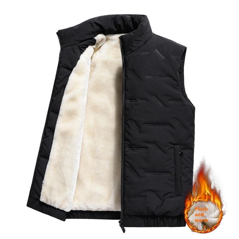 Men’s Fleece-Lined Cotton Vest – Thick Warm Sleeveless Jacket with Stand Collar for Autumn & Winter
