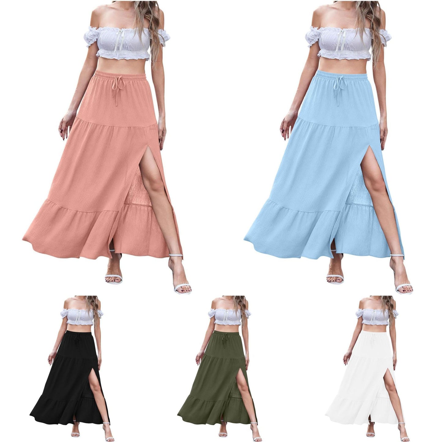 Women’s Bohemian Solid Color Skirt – Side Slit A-Line Casual Midi Skirt