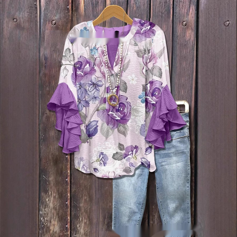 Women’s Creative Printed V-Neck T-Shirt – Casual Lotus Sleeve Top