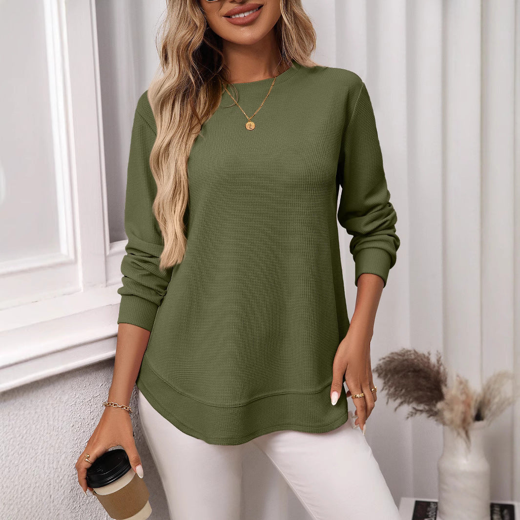 Women’s European & American Loose Waffle Knit Casual All-Match Long Sleeve T-Shirt