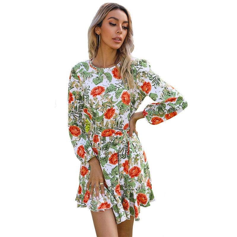 Women’s Autumn & Winter Printed Dress – Long Sleeve Lace-Up Casual Dress, Trendy Seasonal Wear