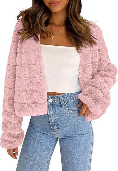 Women’s Faux Fur Cardigan – Long Sleeve Front Open Short Coat, Cozy Winter Outerwear