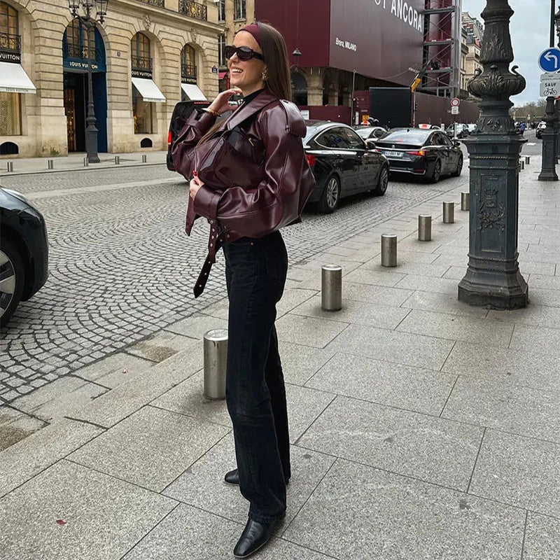 Women’s Cropped Loose Lapel Leather Jacket – Trendy Streetwear Outerwear