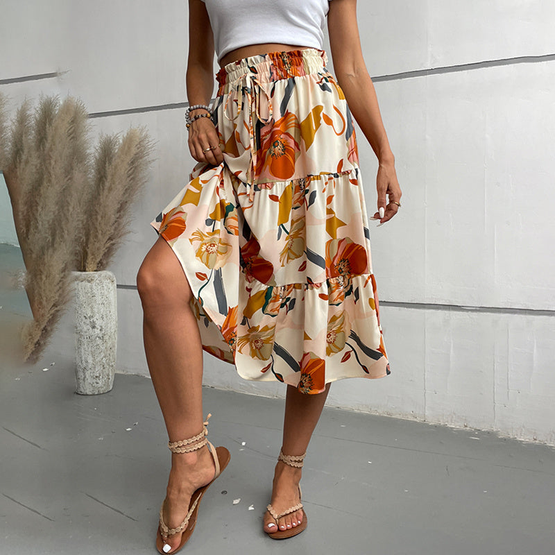 Women’s Floral Tiered Midi Skirt – Elastic Waist A-Line Boho Casual Dressy Skirt