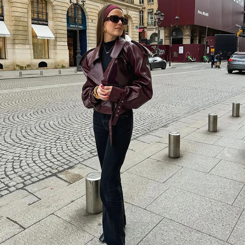 Women’s Cropped Loose Lapel Leather Jacket – Trendy Streetwear Outerwear
