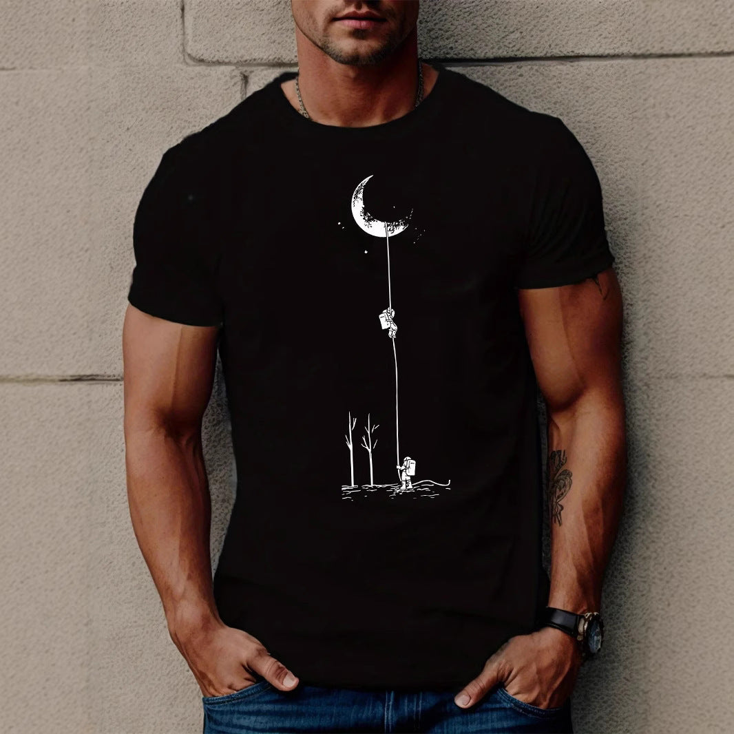 Men’s Astronaut Moon Graphic T-Shirt – Casual Short Sleeve Polyester Tee