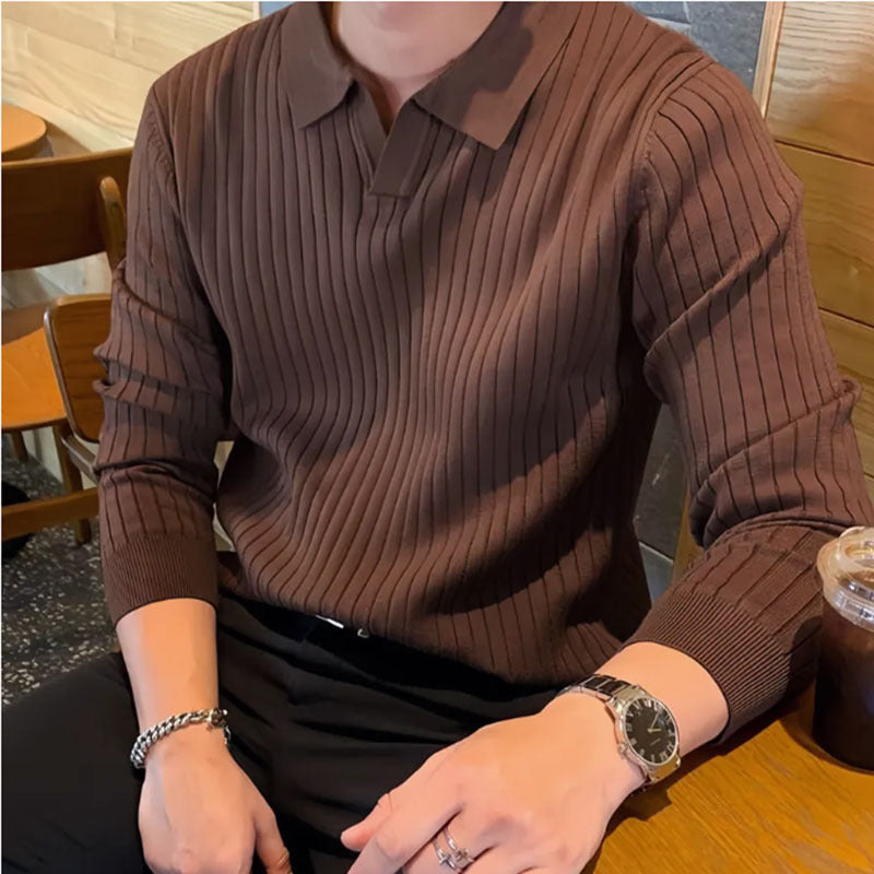 Men’s Knitted Long-Sleeve Lapel T-Shirt – Casual Stylish Pullover