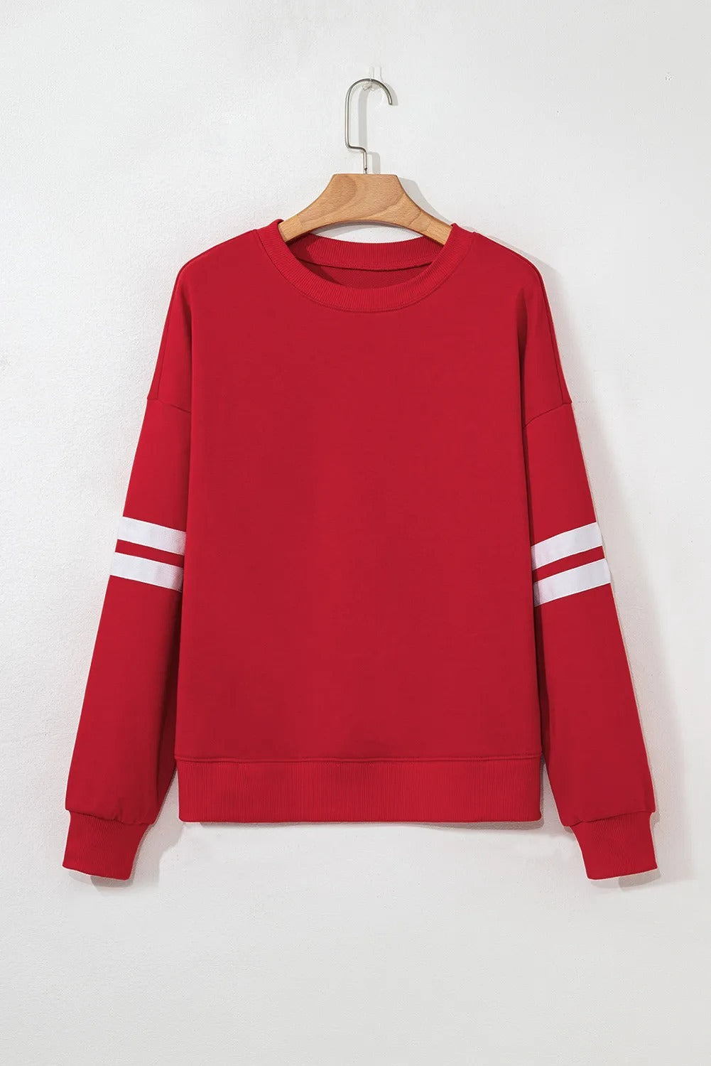 Women’s Oversized Varsity Sweatshirt – Fiery Red Drop Shoulder Pullover with Striped Detail