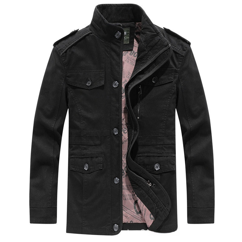 Men’s Washed Cotton Trench Coat – Plus Size Mid-Length Jacket with Stand Collar