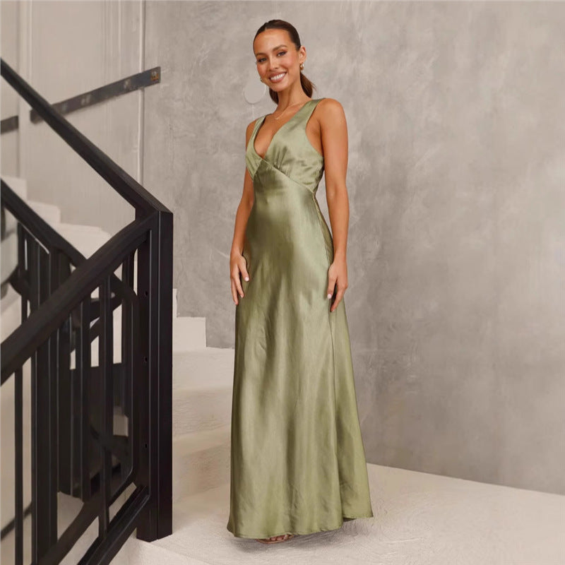 Women’s Solid Color V-Neck Slim Fit Dress – Elegant Casual & Formal Wear