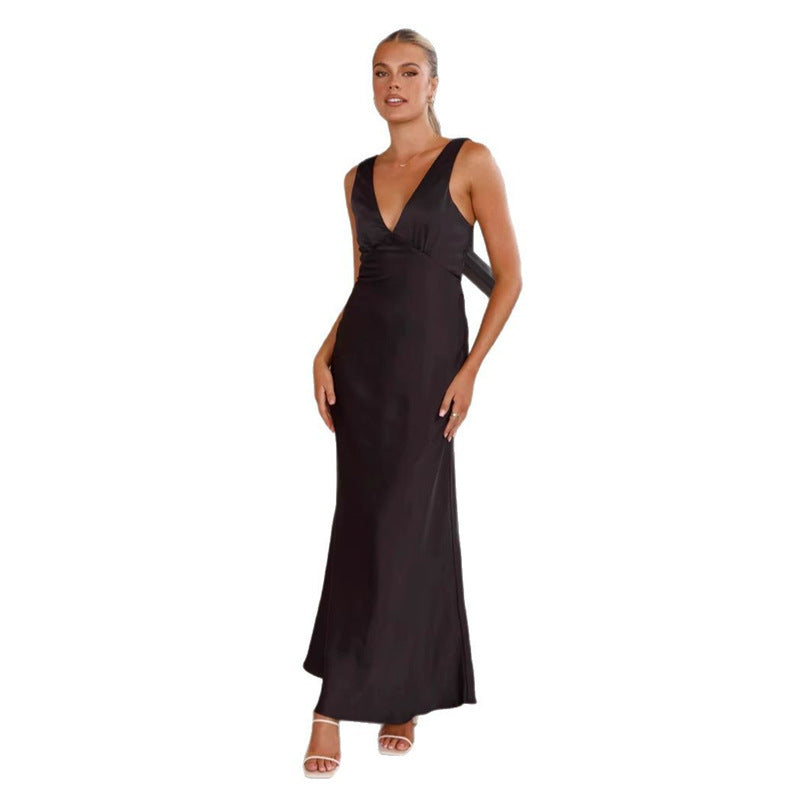 Women’s Solid Color V-Neck Slim Fit Dress – Elegant Casual & Formal Wear