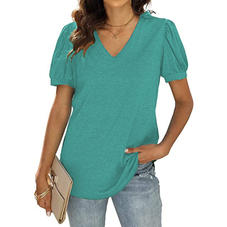 Women’s European & American Summer Casual V-Neck Puff Sleeve Loose Solid Color T-Shirt