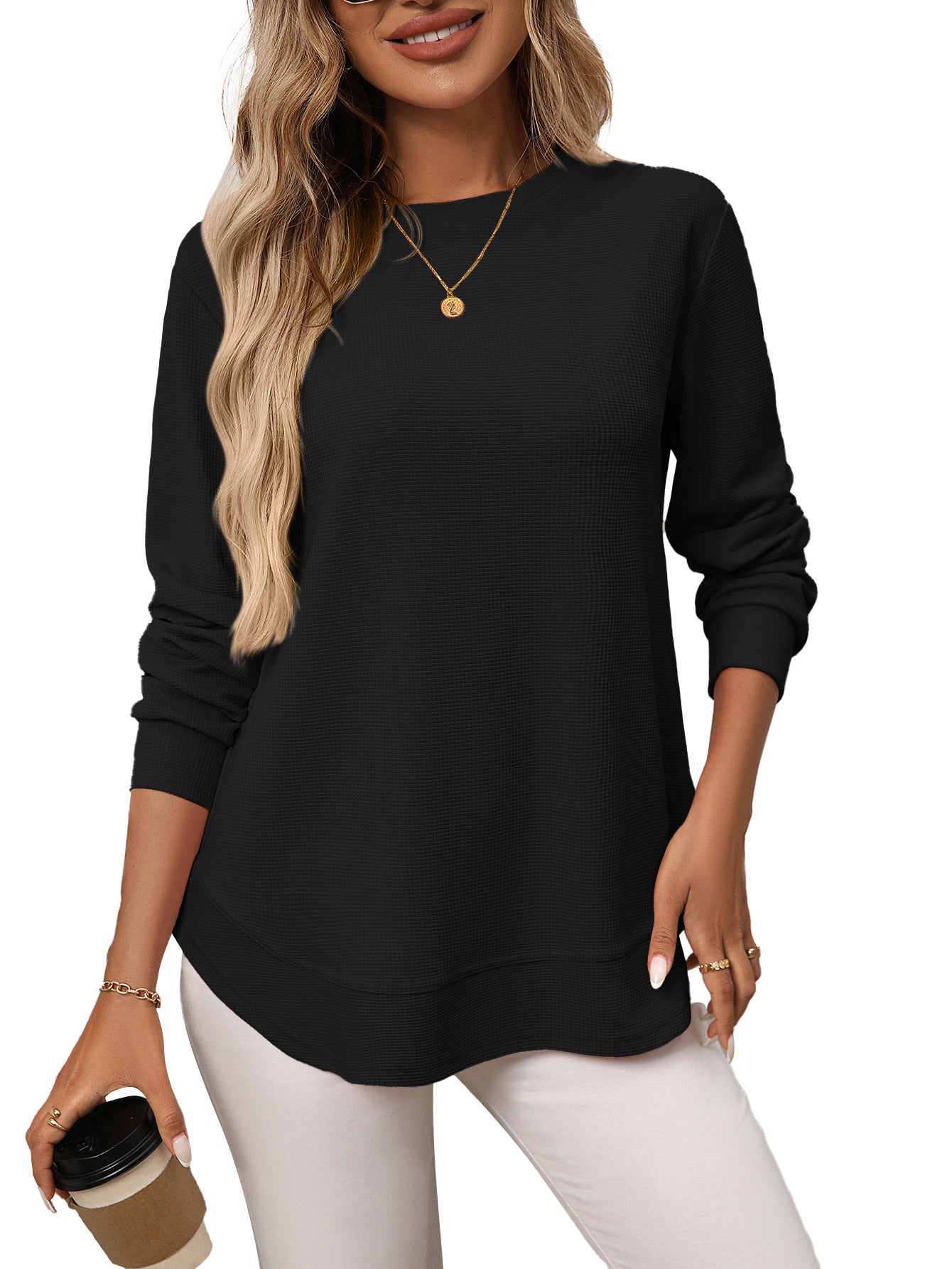Women’s European & American Loose Waffle Knit Casual All-Match Long Sleeve T-Shirt