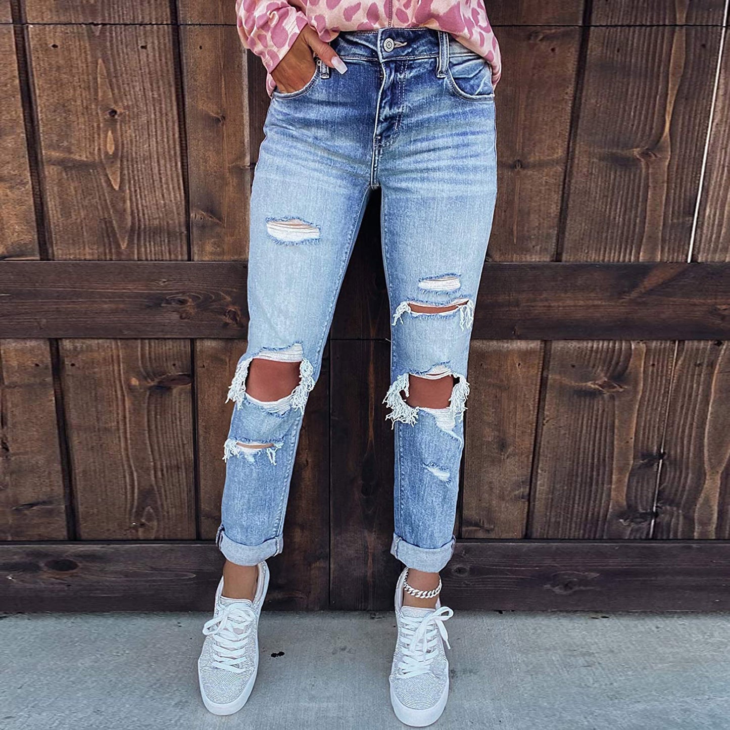 Women’s Skinny Ripped Hand-Worn Jeans – Distressed Denim Pants