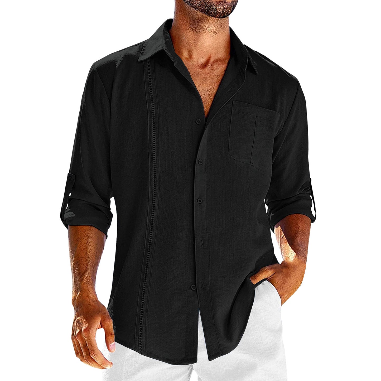 Men’s Casual Long Sleeve Polo Shirt – Solid Color Button-Up with Chest Pocket & Lace Detail
