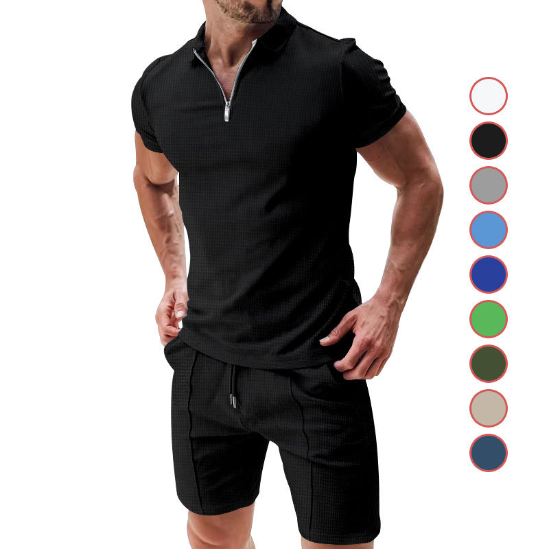Men’s 2-Piece Casual Waffle Knit Summer Set – Zipper Lapel Short Sleeve Top & Drawstring Shorts