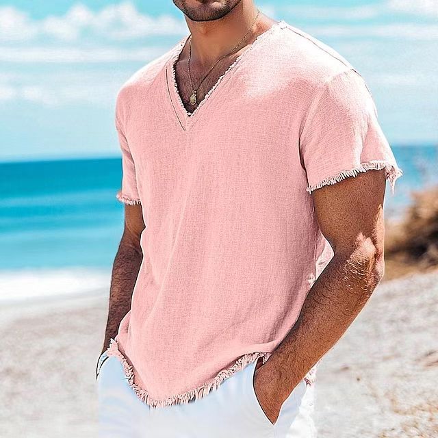 Men’s Cotton-Linen Solid Color Short Sleeve Shirt – Lightweight Summer Top