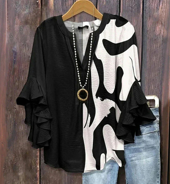 Women’s Creative Printed V-Neck T-Shirt – Casual Lotus Sleeve Top