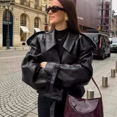 Women’s Cropped Loose Lapel Leather Jacket – Trendy Streetwear Outerwear