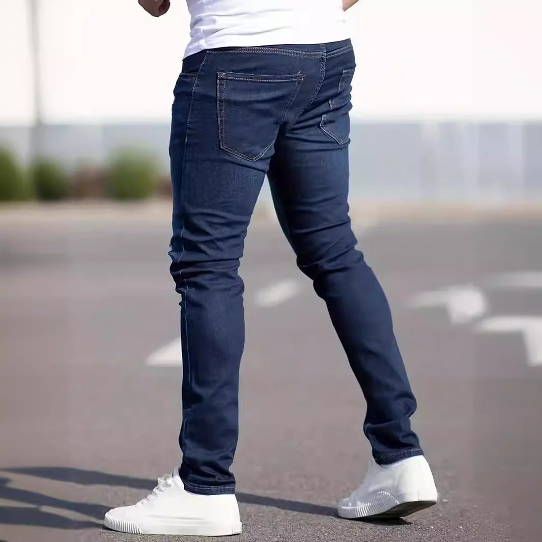 Men’s European & American Slim Fit Distressed Casual Jeans – Trendy Worn Denim Pants