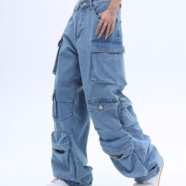 Women's Washed Baggy Jeans – Multi-Pocket High Street Style Denim Pants