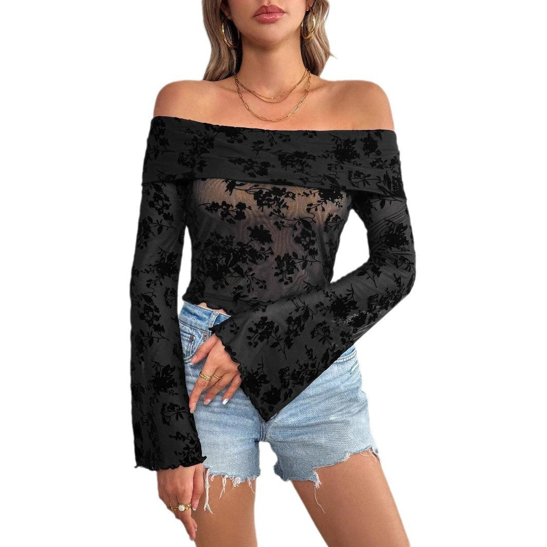 Women’s European & American Mesh Flocking Floral Print Off-Shoulder Slim T-Shirt with Flared Sleeves