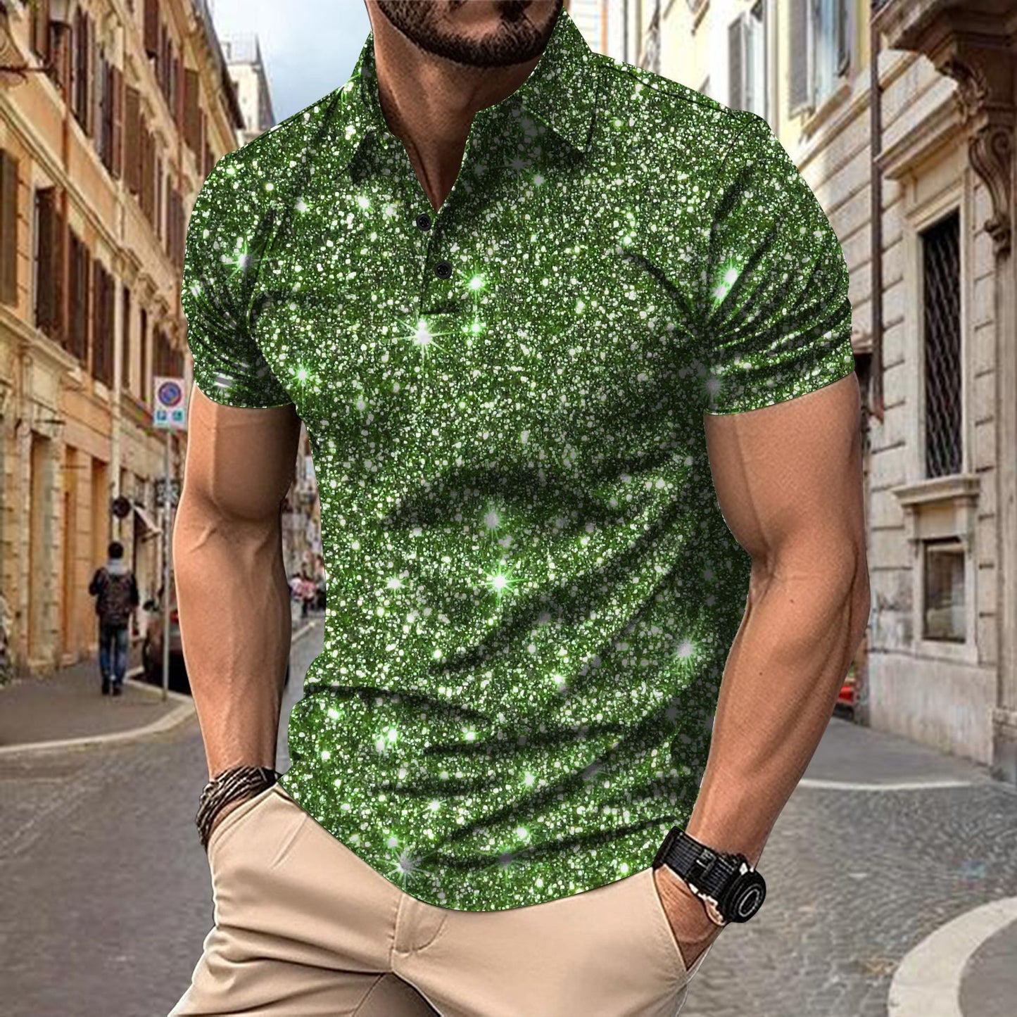 Men’s Digital Print Polo Shirt – Button Up Streetwear Casual T-Shirt