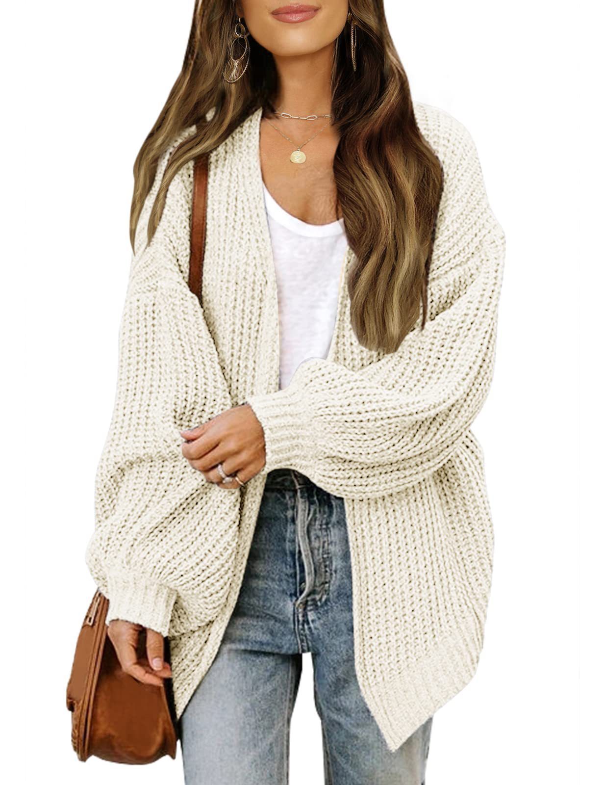 Women’s Lantern Sleeve Knit Cardigan – Casual Loose-Fit Sweater with Pockets for Fall