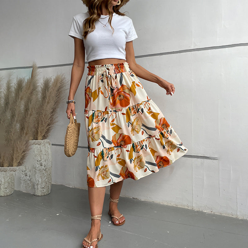 Women’s Floral Tiered Midi Skirt – Elastic Waist A-Line Boho Casual Dressy Skirt