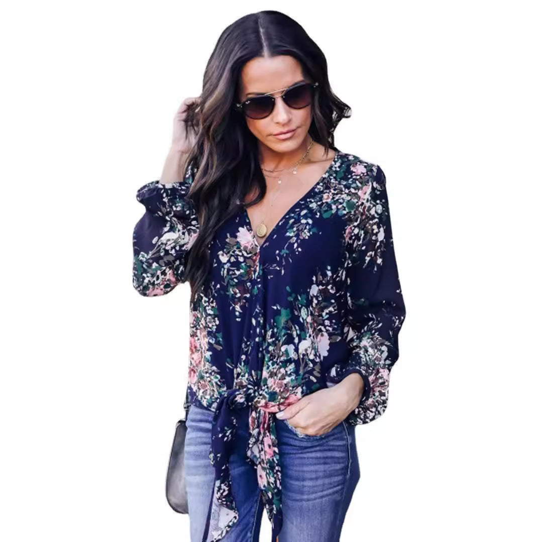 Women’s V-Neck Knotted Shirt – Long Sleeve Vintage Print Top, Casual Fashion Blouse
