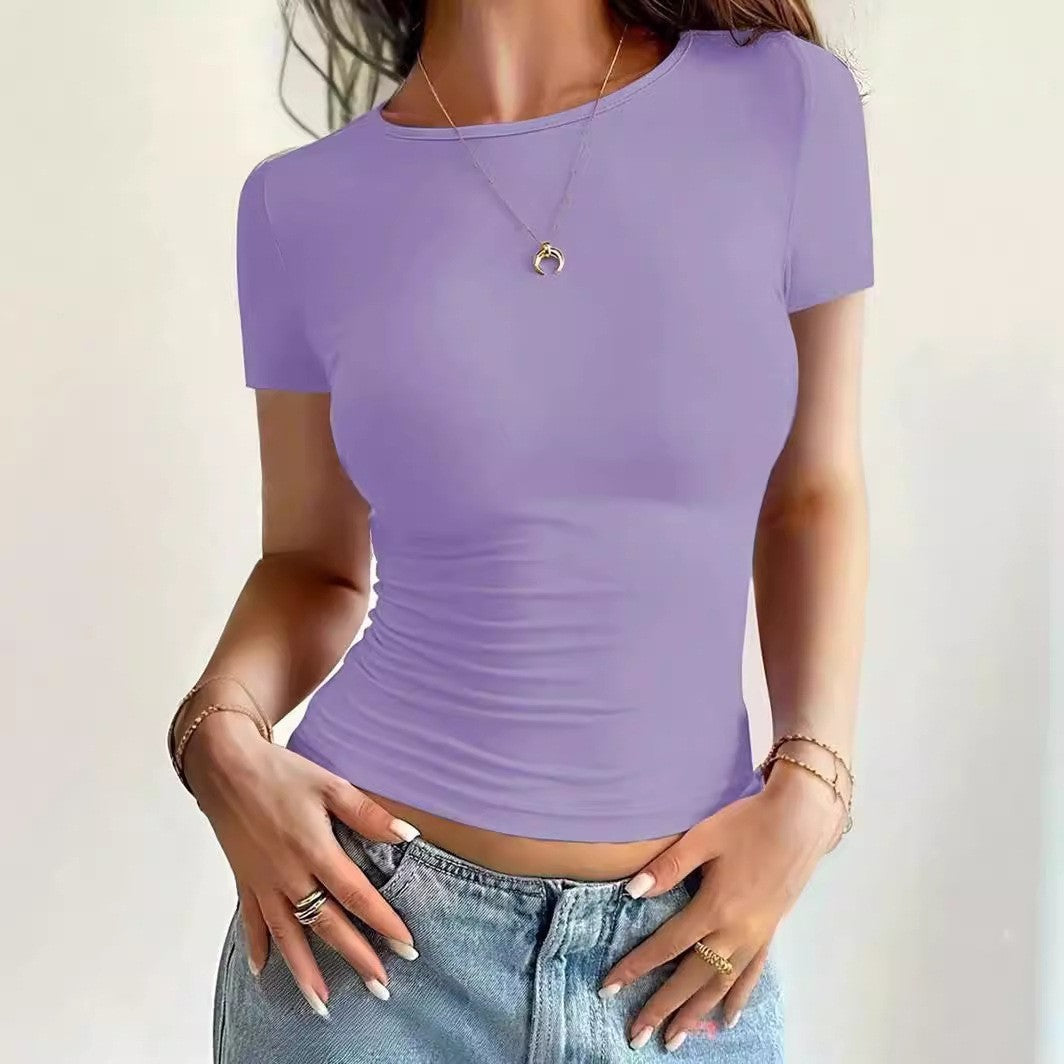 Women’s Slim-Fit Round Neck T-Shirt – Short Sleeve Casual Tee, Comfortable Everyday Top