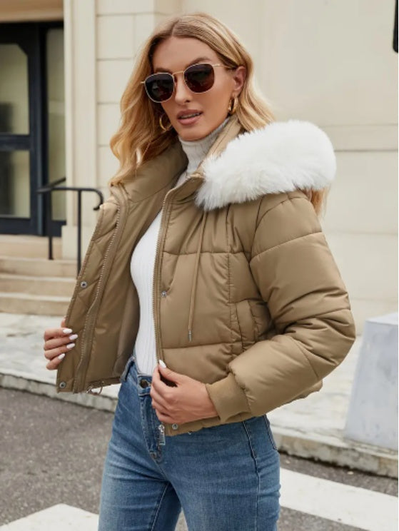 Women’s Mint Green Puffer Jacket – Chic Hooded Coat with Faux Fur Trim
