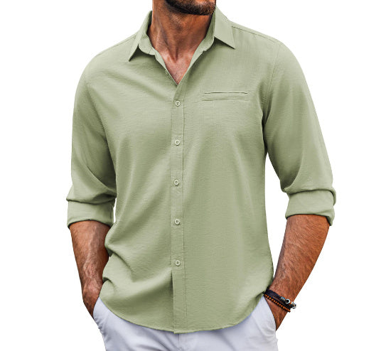 Men’s Casual Long Sleeve Polo Shirt – Solid Color Button-Up with Chest Pocket & Lace Detail