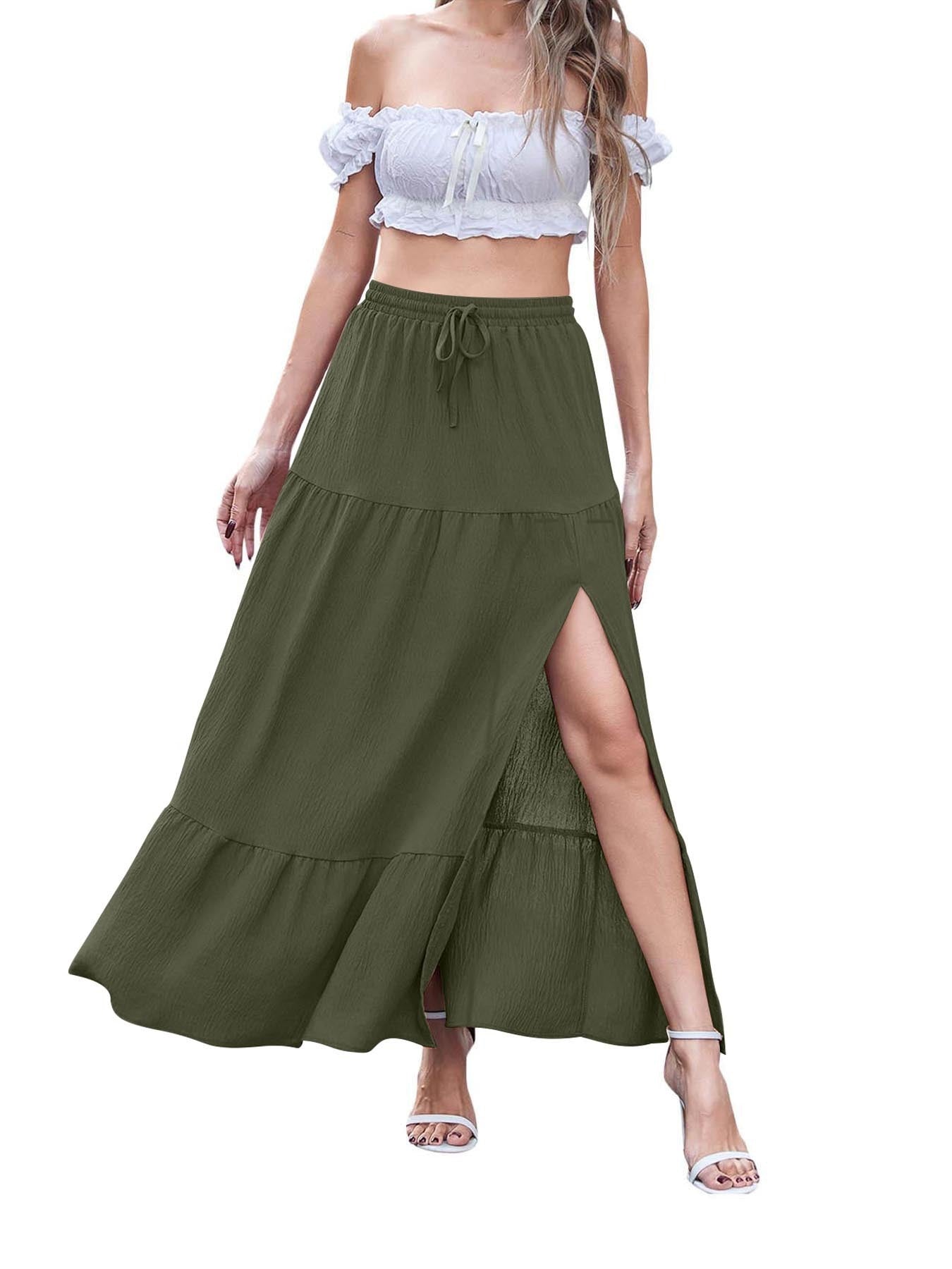 Women’s Bohemian Solid Color Skirt – Side Slit A-Line Casual Midi Skirt