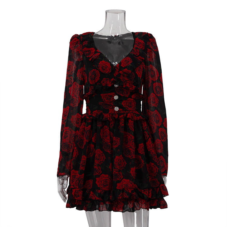 Women’s V-Neck Printed Long Sleeve Dress – Elegant & Stylish Casual Outfit