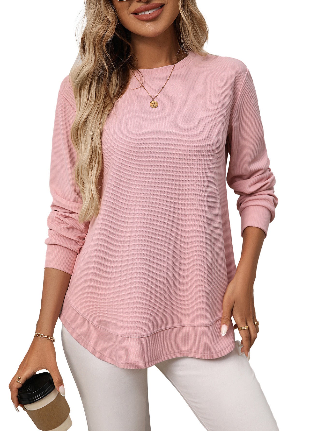 Women’s European & American Loose Waffle Knit Casual All-Match Long Sleeve T-Shirt
