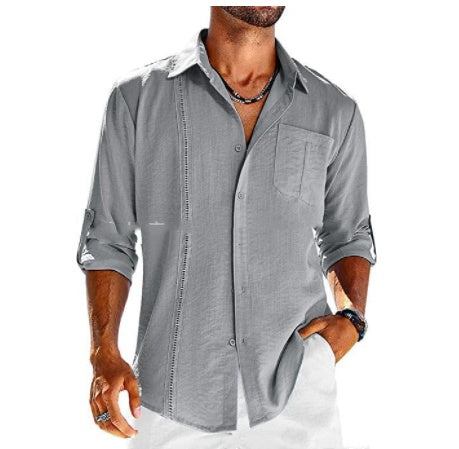 Men’s Casual Long Sleeve Polo Shirt – Solid Color Button-Up with Chest Pocket & Lace Detail