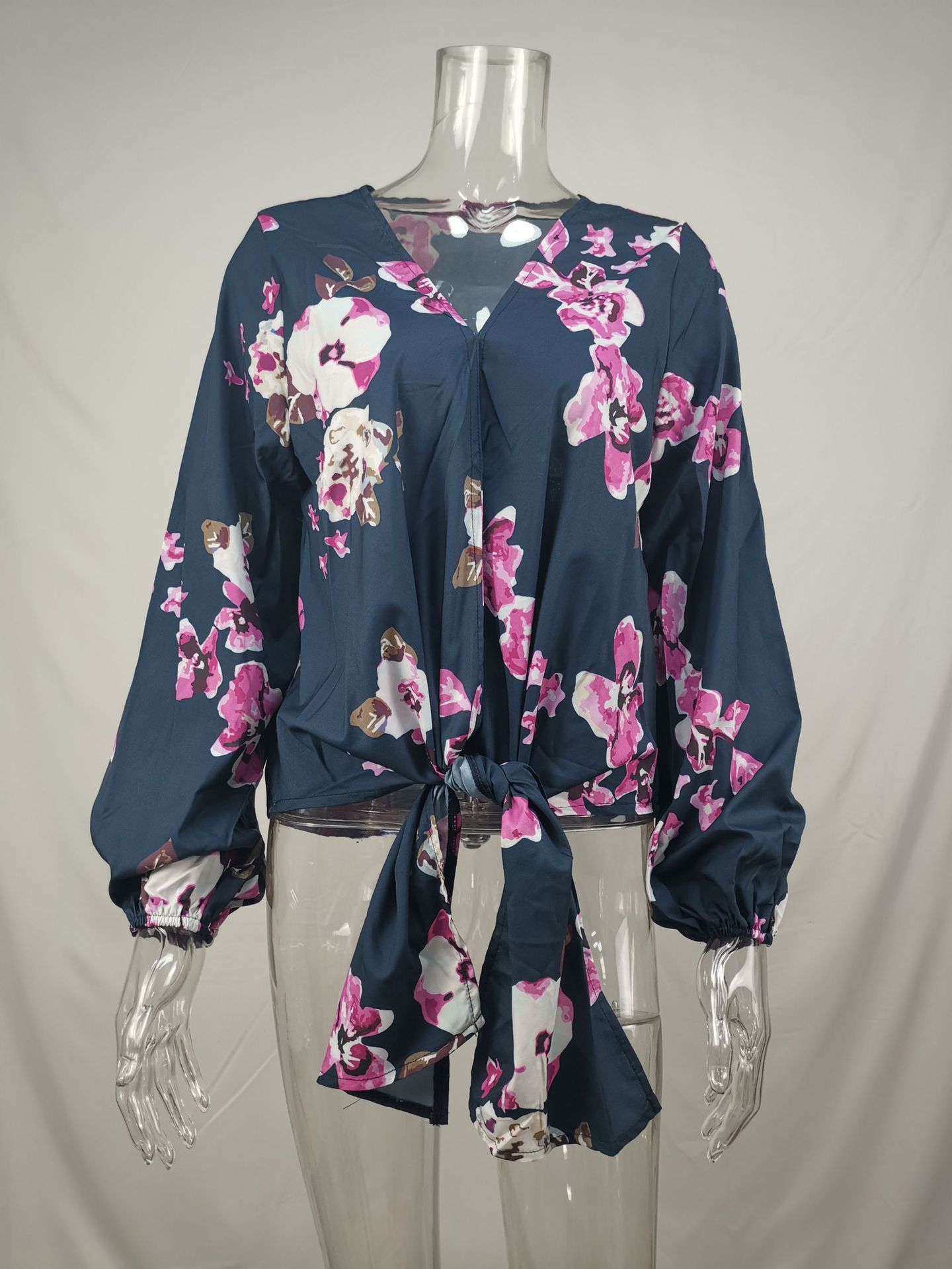 Women’s V-Neck Knotted Shirt – Long Sleeve Vintage Print Top, Casual Fashion Blouse