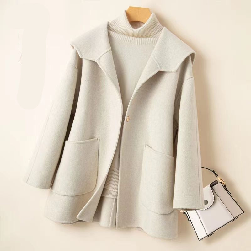 Women’s Reversible Cashmere Coat – Plus Size Loose Fit Jacket with Sailor Collar