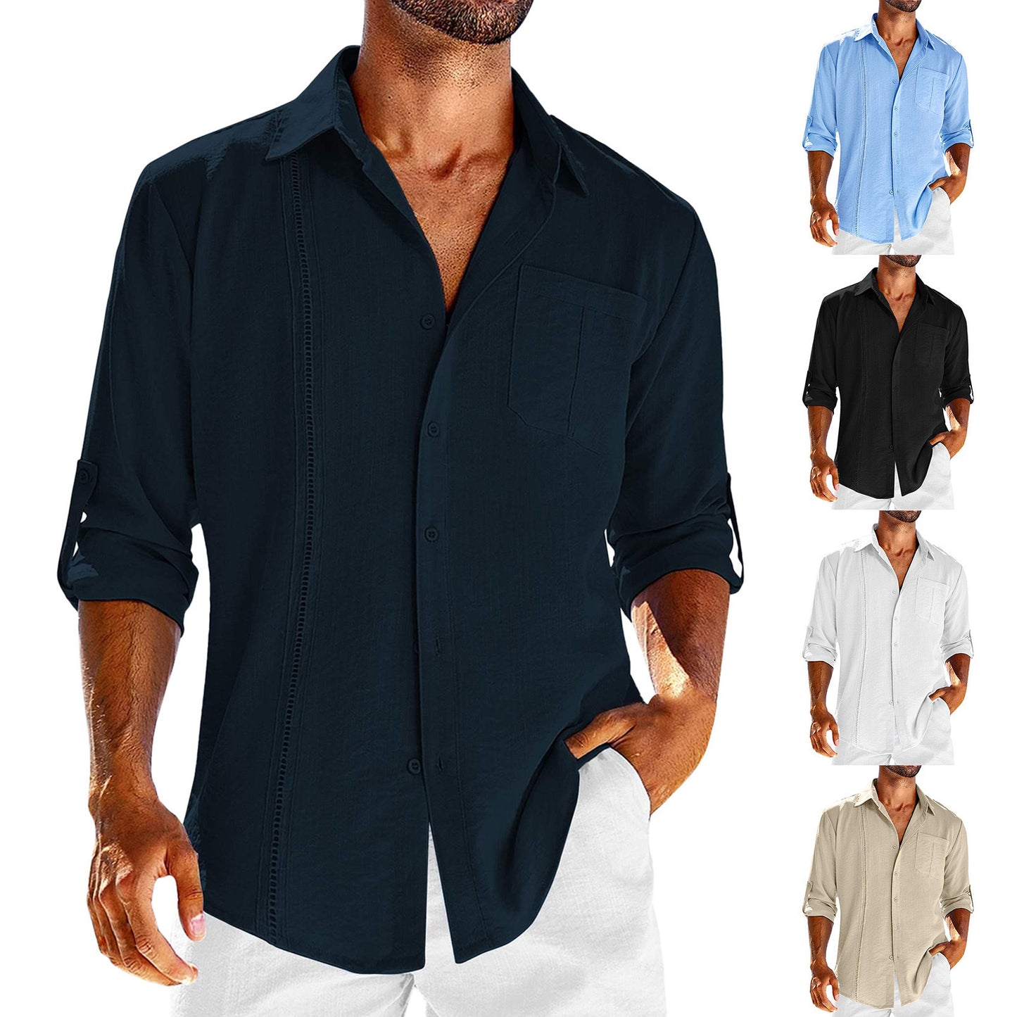 Men’s Casual Long Sleeve Polo Shirt – Solid Color Button-Up with Chest Pocket & Lace Detail