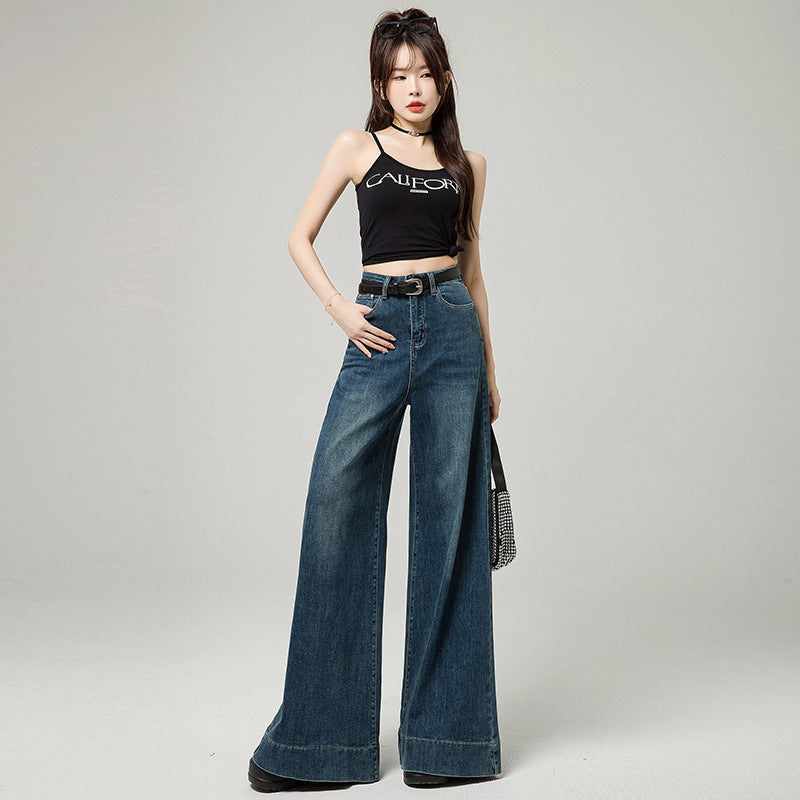 Women’s Dark Blue High-Waist Wide-Leg Pants – Korean Style Loose Fit with Raw Hem