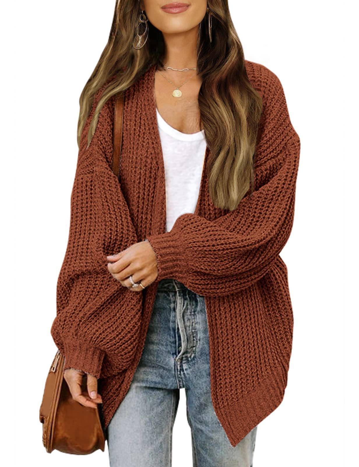 Women’s Lantern Sleeve Knit Cardigan – Casual Loose-Fit Sweater with Pockets for Fall