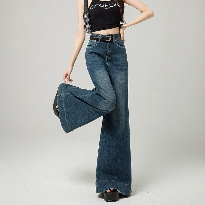 Women’s Dark Blue High-Waist Wide-Leg Pants – Korean Style Loose Fit with Raw Hem