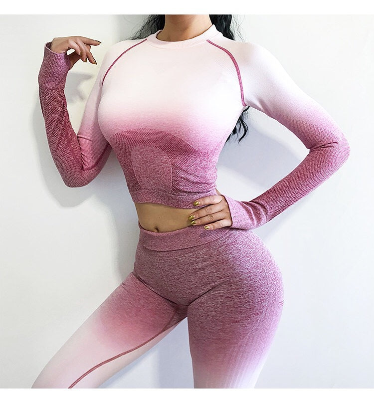 Women’s Gradient Crop Top Sportswear Set – Stylish Navel-Baring Activewear